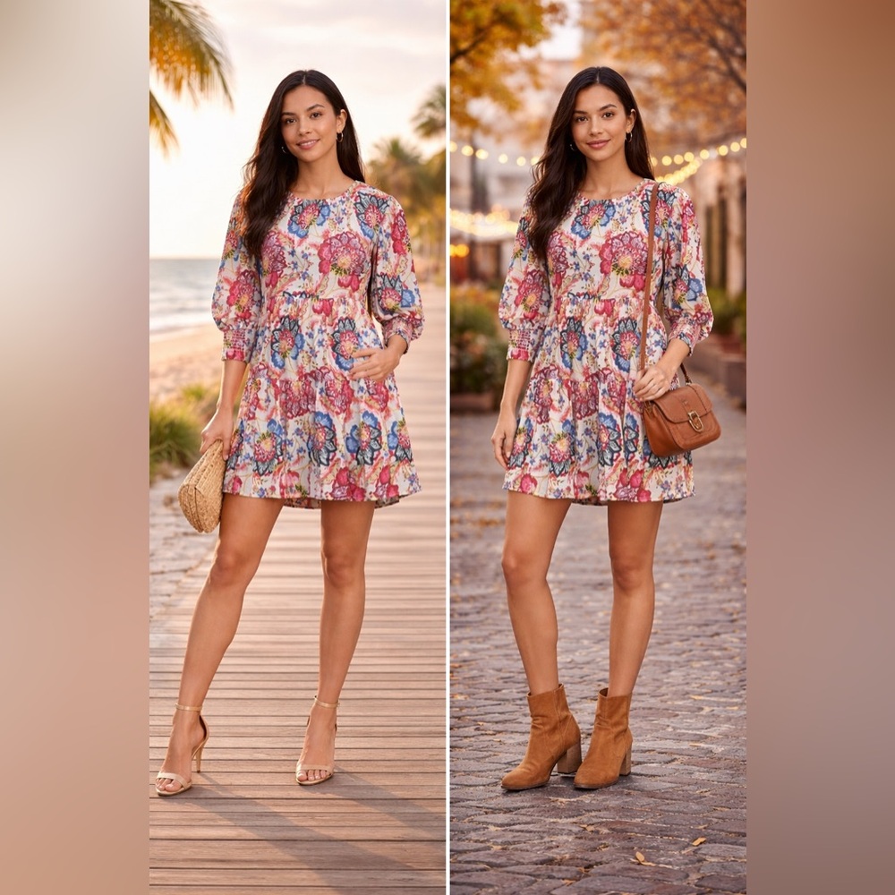 NWT MISA Los Angeles Floral Mini Dress Small Puff Sleeve Open Back